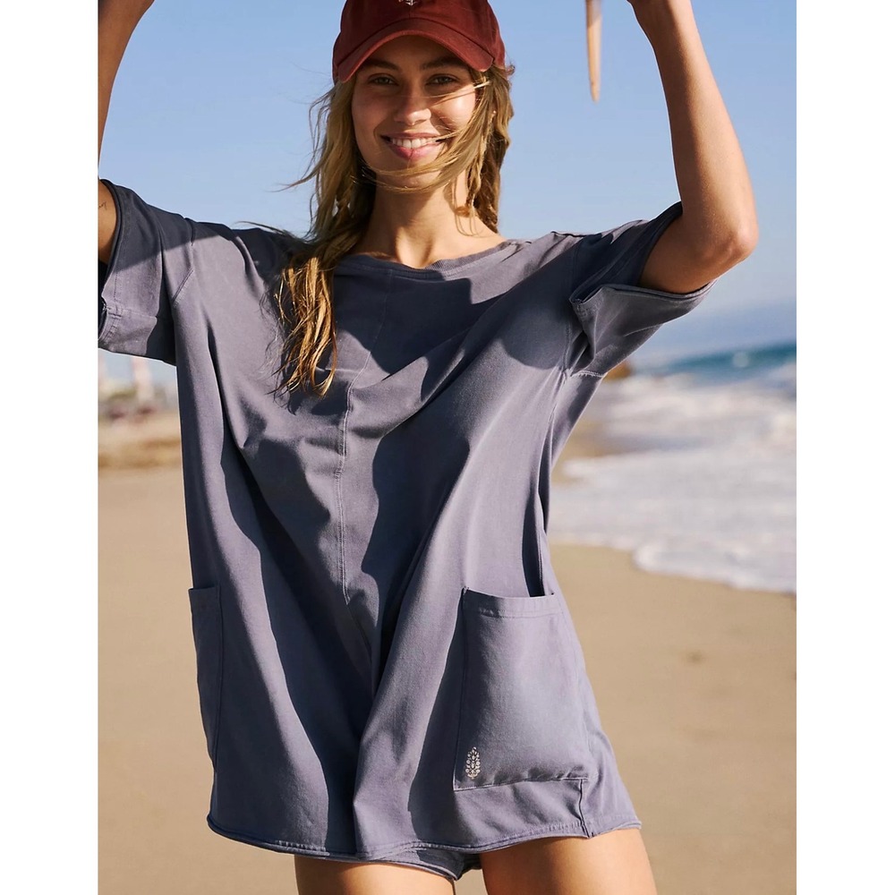 Free People FP Movement Hot Shot Mini Romper Blue Indigo Oversized Pocket XS